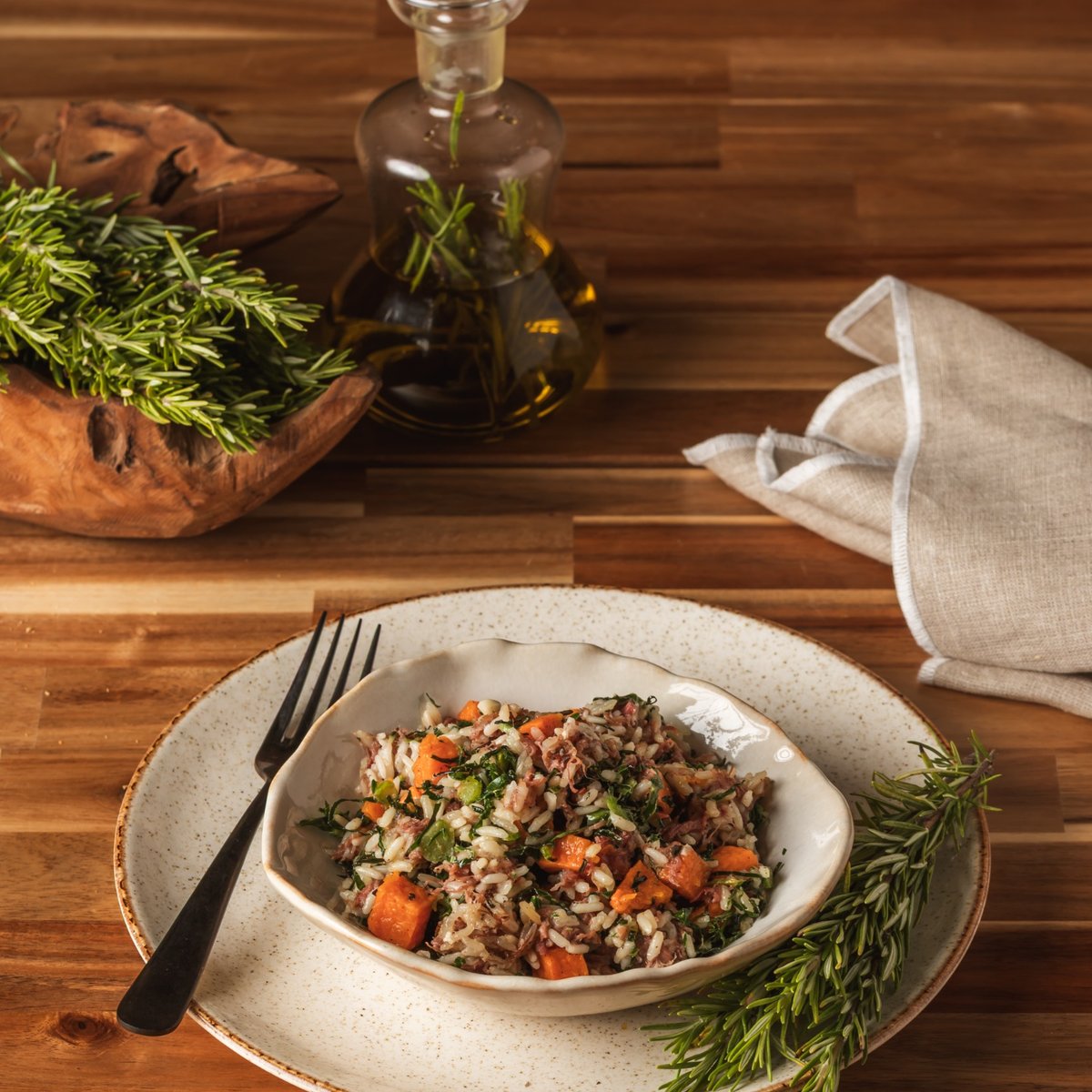 Arroz de carne seca com couve e abóbora