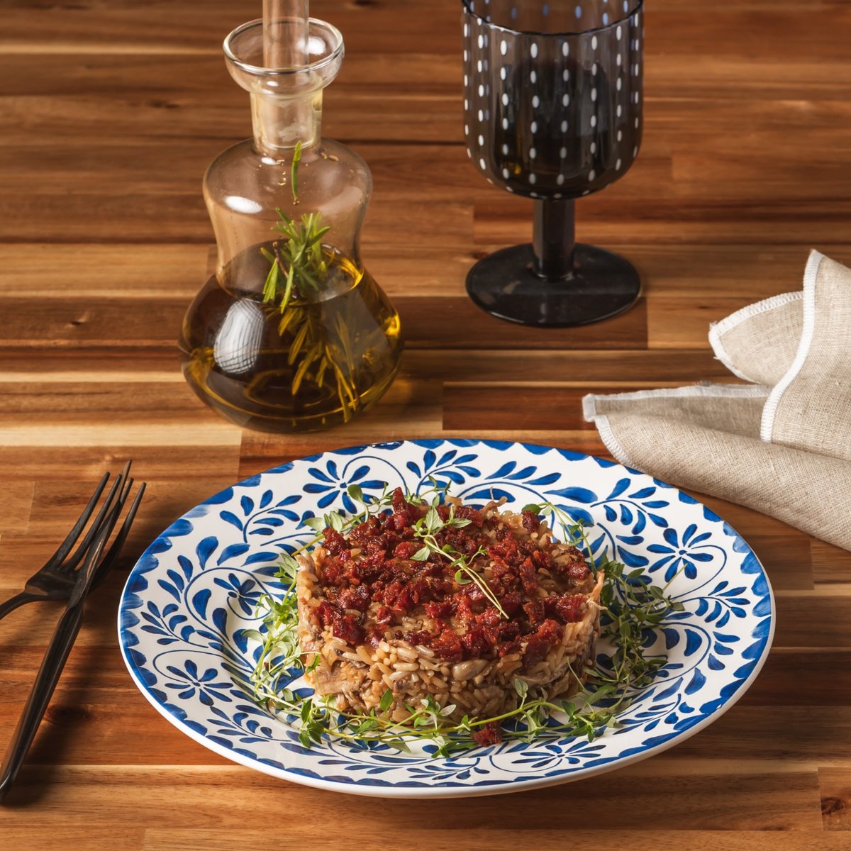 Duck rice with crispy chorizo